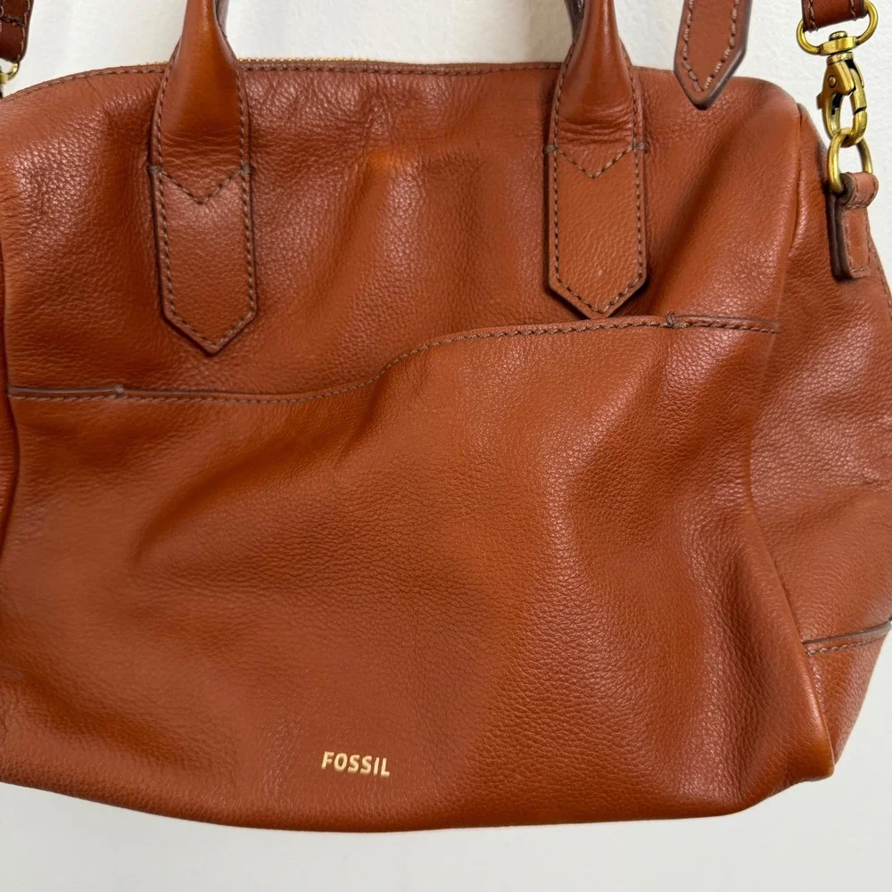 Fossil Cognac Brown Pebbled Leather Satchel Crossbody Bag ZB6750